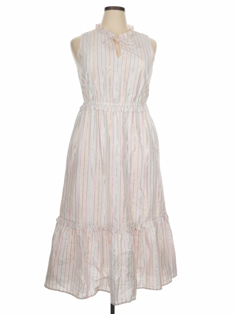 J.Crew Maxi Dress Womens 14
White Metallic Striped Shimmer
Ruffle Tiered Prairie